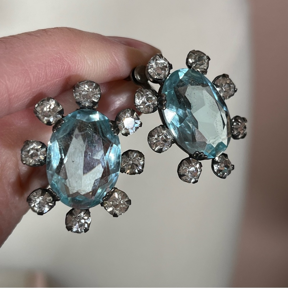 Antique Art deco Sterling Silver oversized pale blue quartz Screw back earrings - Picture 1 of 15